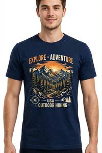 Camiseta de Manga Corta para Hombre, Azul Marino, Corte Regular, Cuello Redondo, Logotipo Frontal, Transpirable, con Brújula de Montaña, para Explorar, Aventura, Senderismo al Aire Libre - Product Image 3