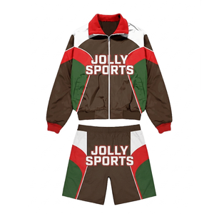 Ensemble coupe-vent court pour homme en polyester léger, design à panneaux marron, rouge et vert, logo thermocollé, shorts coupe-vent personnalisés pour homme - Product Image 1