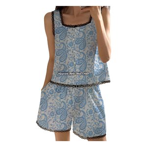 Conjunto de Pijama Corto de Encaje Estilo Casual para Mujer Tallas Grandes 2026, Conjunto de Pijama Floral sin Mangas Primavera/Verano con Estampado a Bloques al por Mayor - Product Image 3