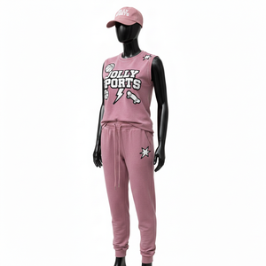 Ensemble jogging sans manches pour femme, t-shirt en coton polaire respirant et doux, 240 GSM, rose, logo personnalisé, ensembles pour femmes - Product Image 4