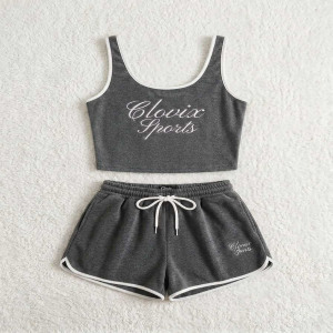 Ensemble de sport décontracté 2 pièces en coton doux pour femme : débardeur court sans manches et short taille haute, personnalisable avec logo - Product Image 3