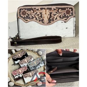 Cartera de Cuero Vacuno Genuino Hecha a Mano, Diseño Floral con Cierre de Cremallera, Elegante y Moderna para Mujer - Product Image 1