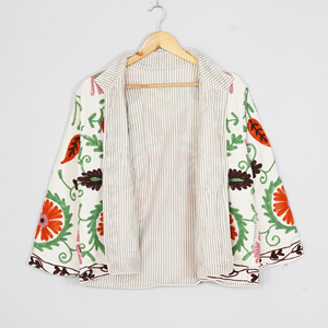 Women Velvet Embroidered <b>Quilted</b> <b>Jacket</b> O-Neck Regular Sleeve Floral Boho Style Winter Coat Handmade Suzani <b>Pattern</b> Reversible - Product Image 2