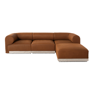 Sofá Seccional Moderno en Forma de L de Cuero Genuino con Brazos Enrollados y Patas de Acero Inoxidable para Sala de Estar - Product Image 1