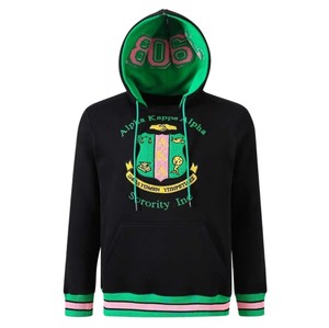 Sudadera con Capucha Unisex AKA Black Prep, Bordado Chenille Verde y Rosa con Letras Griegas, Ajuste Premium, 100% Algodón, Transpirable y de Secado Rápido - Product Image 1