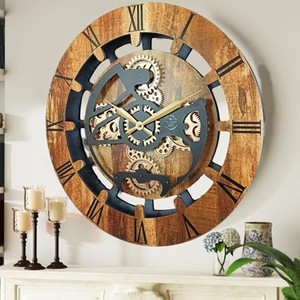 Handcrafted Teak Wood Vintage Round Abstract & Geometric Design Wall <b>Clock</b> with Brass Gears | Wholesale by Aqudus Saleem - Product Image 1
