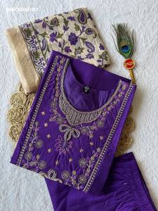 Good Quality Roman Silk with <b>Beads</b> Embroidery <b>Thread</b>-Moti work Violet Kurti-Pant-Dupatta Set Woman Fashion Manufacturer - Product Image 4