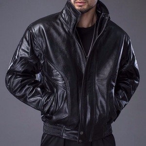 Blouson universitaire en cuir véritable pour homme, doublure Sherpa, bordure en fourrure, streetwear d'hiver, col montant, fermeture éclair, design multi-logo - Product Image 2