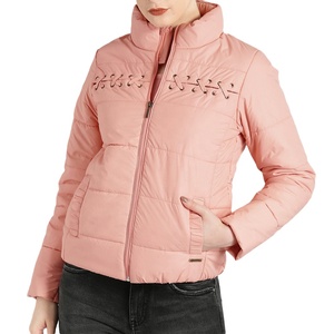 Pink <b>Quilted</b> <b>Jacket</b> Women Stand Collar Zipper Front Lace Up Detail Winter Coat Full Sleeve Solid Color Polyester Wadding - Product Image 1