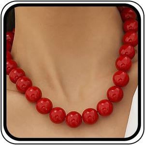 Collier pour femme vintage avec perles rouges, collier ras du cou à grosses perles, ajustable, bijoux tendance - Product Image 4
