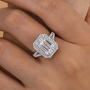 925 Moissanite Maxine Luxurious Double Halo <b>Emerald</b> Cut Engagement <b>Ring</b> in Sterling <b>Silver</b> Moissanite Diamond Jewelry for Women - Product Image 4