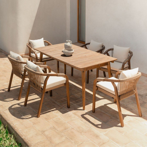 Ensemble de salle à manger d'extérieur en teck massif sculpté avec des chaises en corde tressée à la main et une table à lattes - Product Image 1