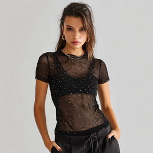 T-shirt en maille transparente 100 % polyester avec strass pour femme – T-shirts décontractés en maille à strass pour femme - Product Image 4