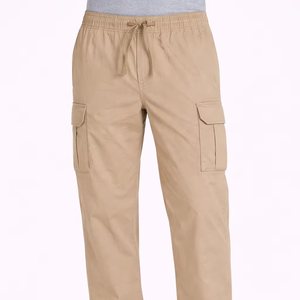 <b>Men</b>’s Khaki Cargo Pants <b>with</b> <b>Elastic</b> Drawstring <b>Waist</b> – Relaxed Fit Casual Utility <b>Trousers</b> <b>with</b> Side Flap Pockets, Lightweight - Product Image 1