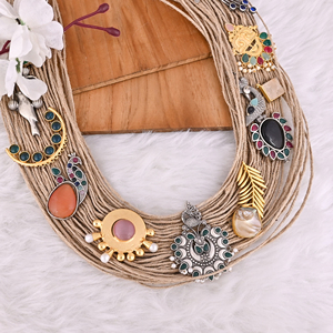 Boho Multi-Strand Jute Artisan Charm <b>Statement</b> <b>Necklace</b> - Product Image 4