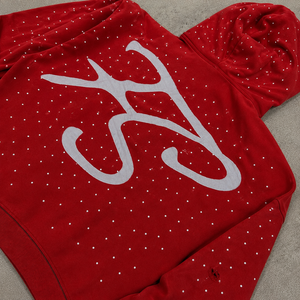 Custom Red Rhinestone <b>Zip</b> Up Hoodie Heavyweight Oversized Streetwear Distressed Applique Embroidery Men Luxury Full <b>Zip</b> <b>Hooded</b> S - Product Image 3