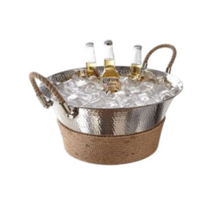 Bacs à glace en acier inoxydable argenté pour fêtes, bac à boissons en métal martelé à la main avec poignées en cuir, grand refroidisseur à vin, bac à boissons - Product Image 4