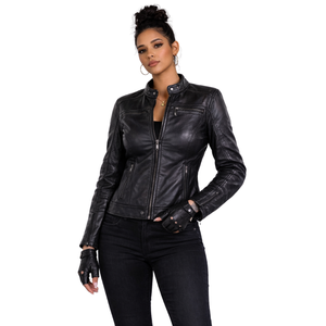 Women Black <b>Biker</b> <b>Jacket</b> Stand Collar Zip Up Slim Fit Moto <b>Jacket</b> Casual Fashion Outerwear - Product Image 1