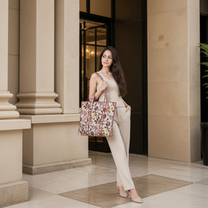 Women's <b>Large</b> Letter <b>Print</b> Quilted Cotton Tote Bag with Shoulder Handles From West Bengal by PARVAAZ EXPORTS for Daily Shopping - Product Image 3