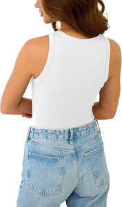 <b>Women's</b> White Ribbed Scoop Neck Tank <b>Top</b> 100% Cotton Knitted Casual Breathable Sleeveless Vest Solid Color Regular Length - Product Image 4