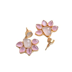 ต่างหูทองเหลืองแท้ งานแฮนด์เมด ประดับด้วยหินกึ่งมีค่า ขัดเงาอย่างดี ชุบทอง ดีไซน์ทันสมัย คุณภาพสูง - Product Image 2