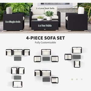 Set Divano 4 Pezzi in Rattan Crema con Poltrone, Tavolino da Caffè con Piano in Vetro, Mobili da Esterno in Vimini per Giardino, Ospedali, Palestre - Product Image 5