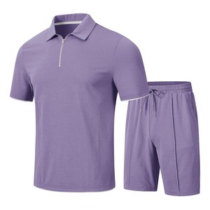 Conjunto de Polo Casual Morado para Hombre con Cierre de Cremallera y Pantalones Cortos, Tejido Transpirable, Diseño de Color Sólido - Product Image 1