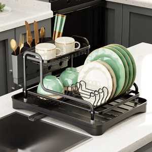 3 Tier Heavy Duty Dish Drying Rack Kitchen Organizer with Utensil Holder and Cutting <b>Board</b> Stand Carbon Steel Storage Rack Black - Product Image 2