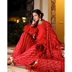 Ensemble de costume pour femme Krisha, taille XS, tissu en mousseline de soie, manches bouffantes rouges - Product Image 2