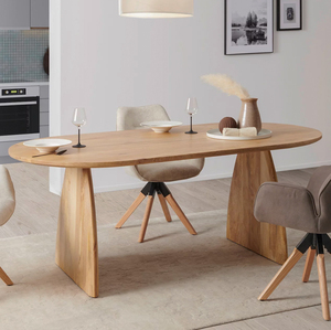 Table de salle à manger pliante en bois de manguier européen, forme ovale, finition naturelle, pieds courbés, durable, style industriel moderne pour la maison et la cuisine - Product Image 1