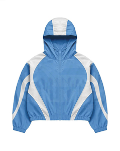 Chándal con capucha y cremallera de manga larga en bloques de color azul y blanco, y pantalones con cordón, chándal impermeable para hombre. - Product Image 2