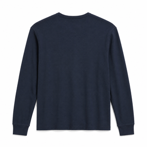 เสื้อเชิ้ตเฮนลีย์ผ้าวาฟเฟิลพรีเมียมสำหรับผู้ชาย ทรงเข้ารูป แขนยาว ผ้าฝ้าย เสื้อยืดลำลอง สปอร์ตแวร์ สีน้ำเงินกรมท่า เสื้อท็อปส์เนื้อผ้ากันหนาว - Product Image 5