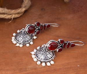 Wholesale <b>Oxidized</b> Silver Red Gemstone Bollywood Jhumka Earrings Bulk Supplier Direct Factory Manufacturer - Product Image 5