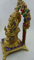 Statuette de luxe en laiton plaqué or poli, représentant le Dieu Ganesha sur trône, style antique traditionnel, 9 pouces, légère, avec décor Meenakari