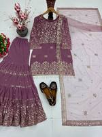 Setelan Sharara Georgette Bordir Ungu dengan Dupatta Jaring, Pakaian Tradisional India Pakistan untuk Pernikahan, Wanita, Midi, Regular Fit, Anti Kusut
