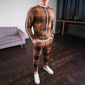2021 Latest Style Men's Check Print Sublimated Bomber <b>Jacket</b> Tracksuit Zip Enclosure Ribbed Hem & Cuffs Stripe Zipper Sweat Suit - Product Image 6