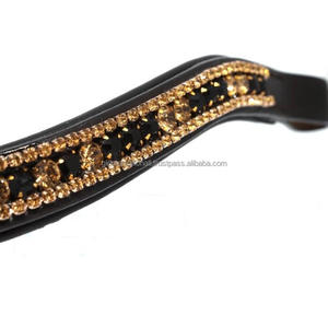 Banda de cuero genuino para cejas de caballo, diseño con 5 filas de cristales dorados y negros, mega ostentosa, de alta calidad - Product Image 5