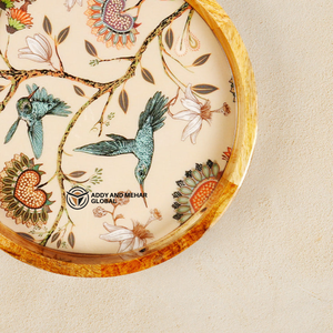 Round Mango Wood Epoxy Resin Serving <b>Tray</b> with Bird Floral Design Decorative Wooden Food Storage <b>Tray</b> for <b>Kitchen</b> Dining Home - Product Image 6