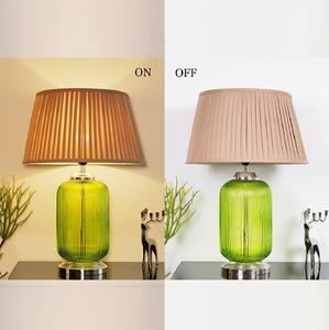 Modern Green Glass Table Lamp with Brown Fabric Drum Shade E27 LED Warm White <b>Light</b> for Living Room Decor - Product Image 3