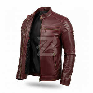Zarina Wear Men Genuine Leather <b>Jacket</b> Burgundy <b>Red</b> Biker Moto <b>Jacket</b> Stand Collar YKK Zipper Casual Motorcycle Style OEM - Product Image 2