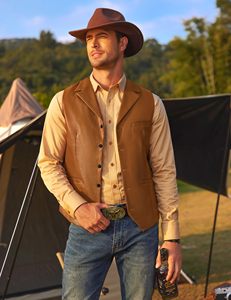 Gilet de Costume en Cuir pour Homme, Coupe Slim, Décontracté, Style Western, Léger, Col en V, Gilet Habillé - Product Image 3
