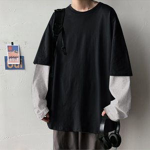 Camiseta Negra Extra Grande para Hombre con Mangas Largas en Contraste Gris, Cuello Redondo, Estilo Casual, Tejido de Algodón, Estilo Urbano - Product Image 6