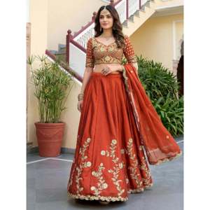 Captivating Orange Thread Embroidered Silk <b>Wedding</b> Lehenga Choli - Product Image 4