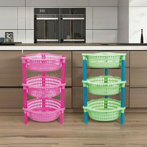 Ensemble de 3 chariots de rangement ronds pliables et réglables à trois niveaux en plastique pour l'organisation domestique, étagère à épices de cuisine empilable - Product Image 1