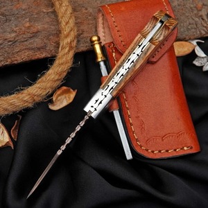 Cuchillo de bolsillo plegable hecho a mano de Arwin Enterprises, hoja de acero damasco cobrizo con punta de gota de 6.5 pulgadas, mango de madera, funda de cuero. - Product Image 4