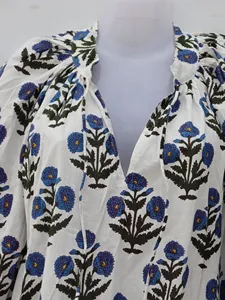 Ethnic Floral White Cotton Block Print Midi <b>Dress</b> Boho Puff Sleeve <b>Loose</b> Fit V-Neck Casual Summer <b>Dress</b> For Women - Product Image 4
