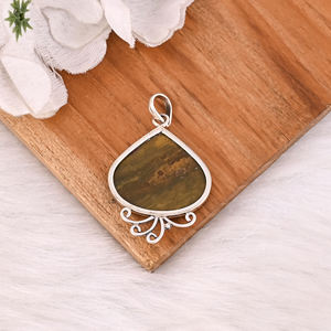 Collier pendentif vintage en argent sterling 925 fait main avec pierre précieuse Jaspe Océan, style bohème, tendance pour fiançailles - Product Image 5