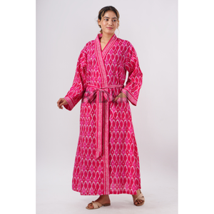 Bata de Baño Kimono para Mujer 100% Algodón Puro, Estampado Floral Ikat Rosa sin Costuras de Ridhi's, Transpirable para Primavera y Otoño - Product Image 1