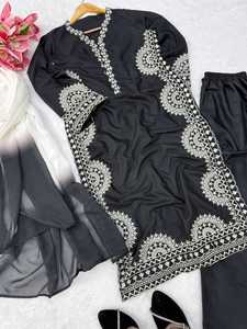 Robe de soirée longue noire brodée pour femme, avec haut en tissu slub biscuit à motifs complexes et pantalon, et dupatta imprimé en organza tabby - Product Image 3