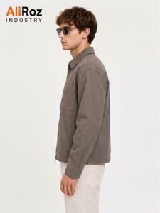 AliRoz Men's Cotton Canvas Shirt Jacket Turn <b>Down</b> Collar Zipper Front Pocket Workwear Style Autumn Outerwear - Product Image 4